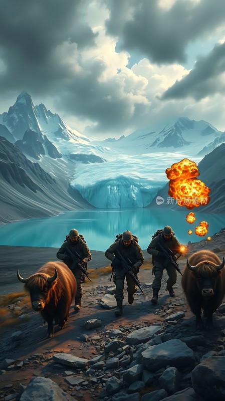 士兵与牦牛穿越雪山草地远处爆炸声隆起