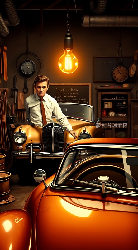 复古车库里的经典汽车与优雅绅士