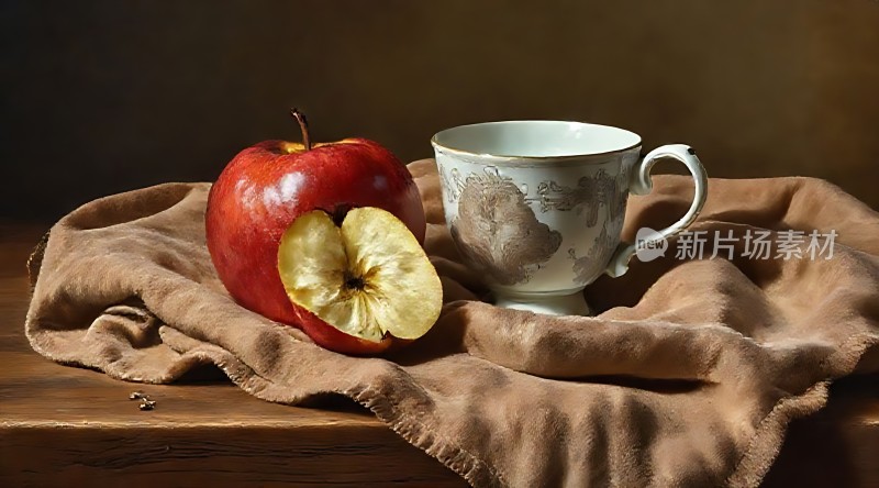 苹果与茶杯静物画