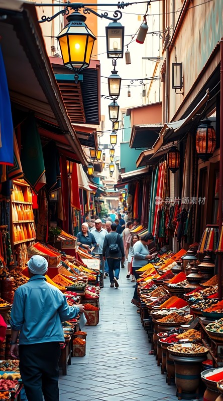 摩洛哥集市色彩斑斓的商品与热闹的人群