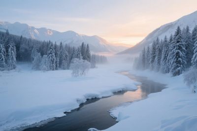 冬日雪山溪流雪景图 冬日雪山溪流雪景图