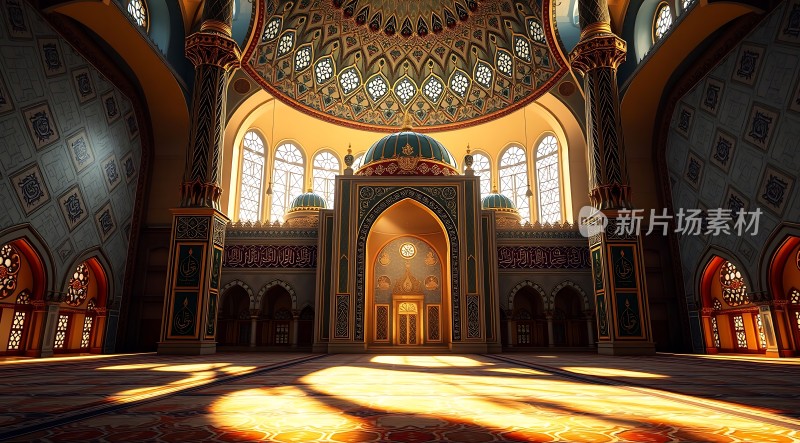 金色阳光下的宏伟清真寺内部