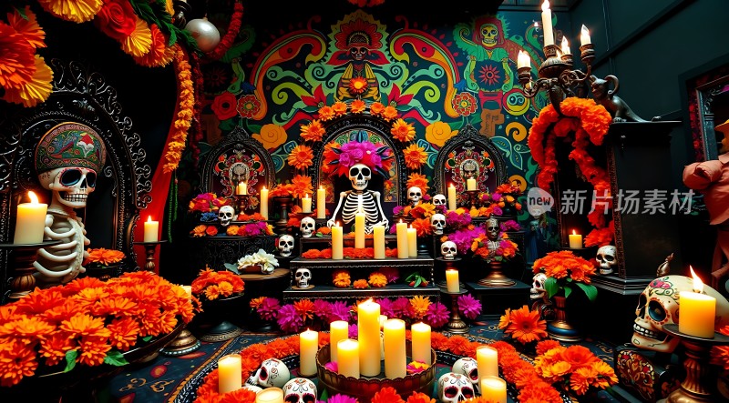 亡灵节祭坛骷髅与鲜花共舞