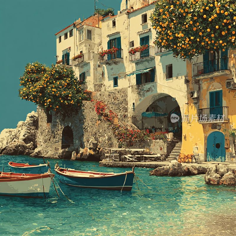 海边彩色建筑与停泊小船风景