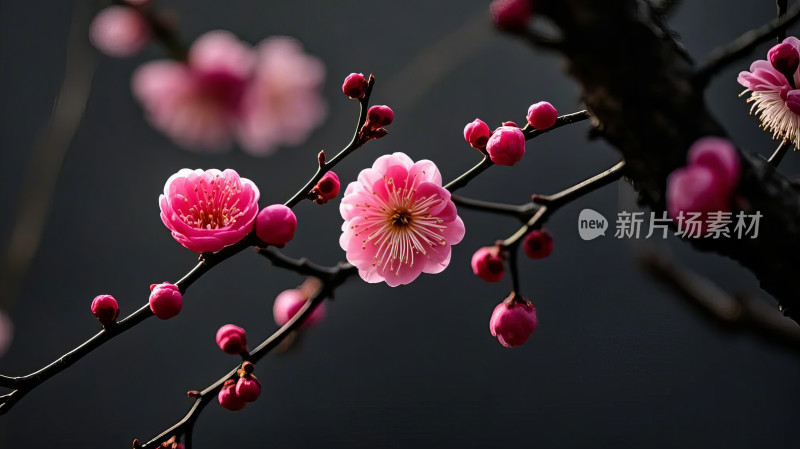 春天梅花树枝花朵盛开特写虚化背景花卉摄影