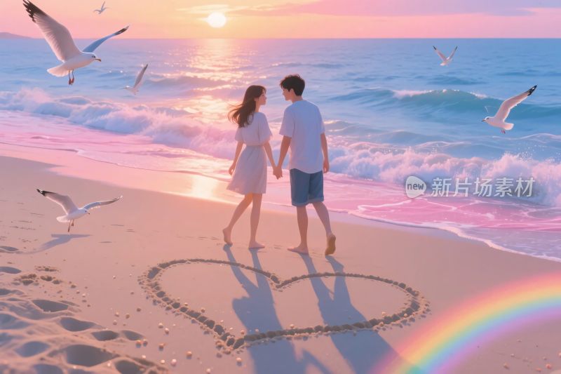 浪漫海滩情侣爱心场景