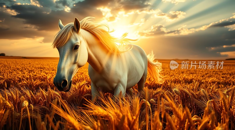 金色麦田中的白马