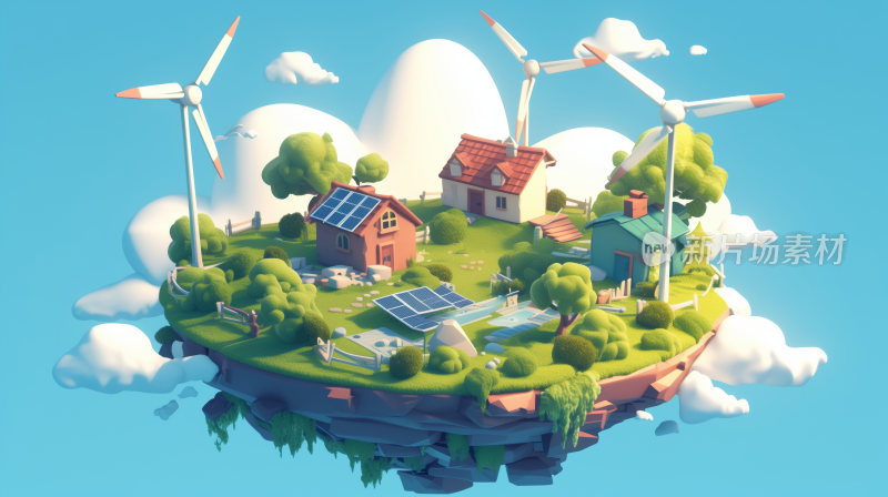 3D卡通风格环保主义的绿色天空之城