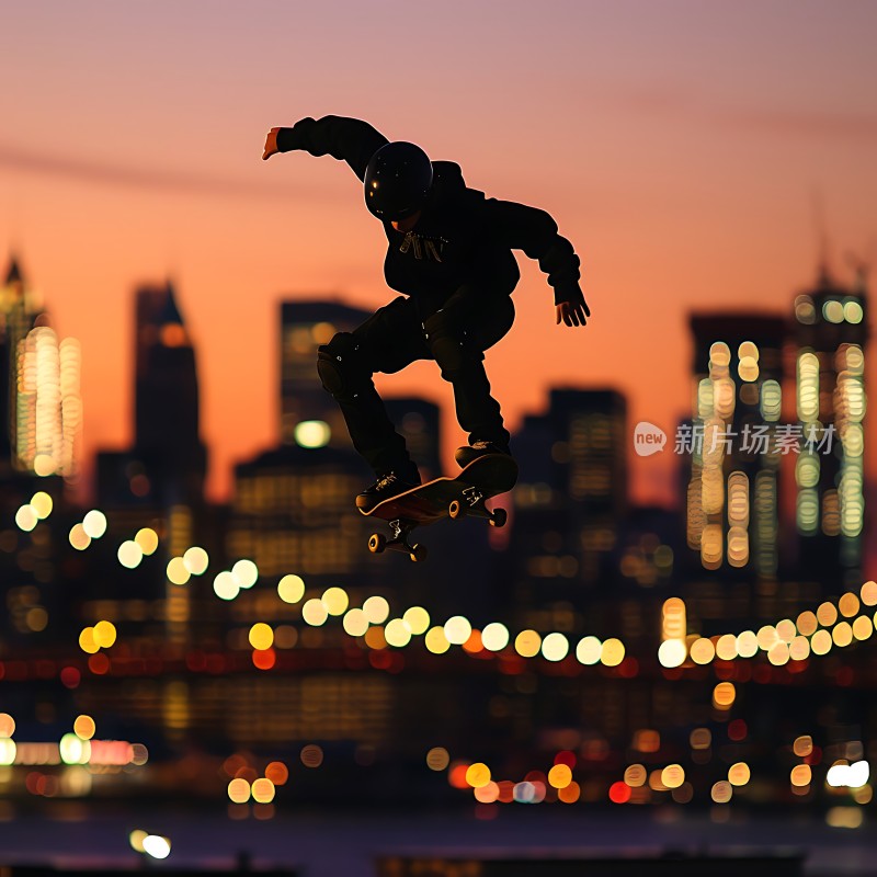 滑板少年飞跃城市夜景