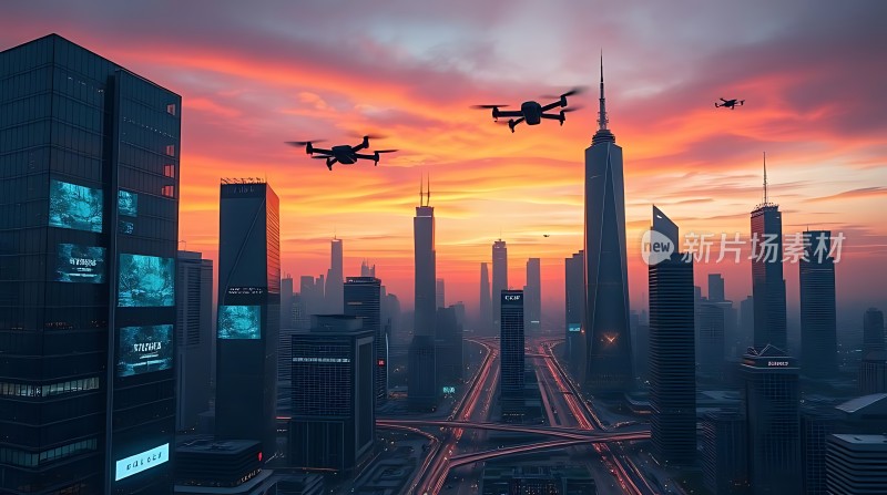 未来之城无人机与摩天大楼共舞