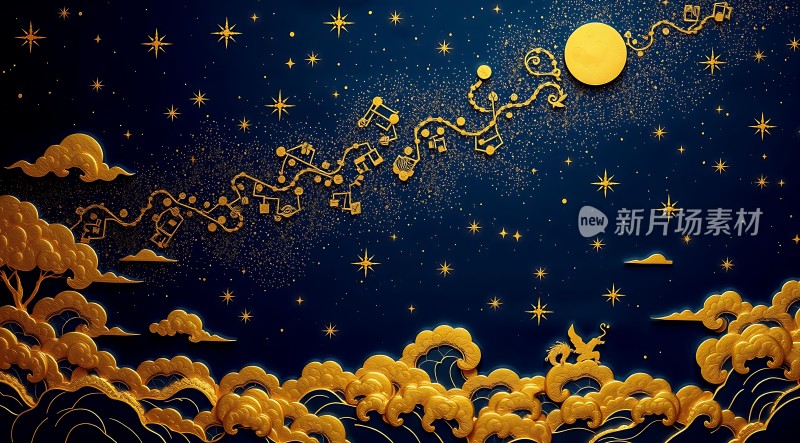 金色云海与音乐符号的梦幻夜空