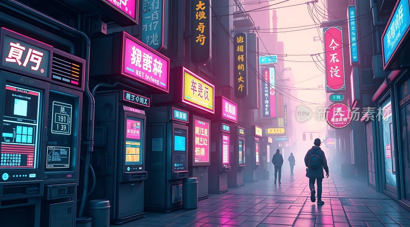 霓虹灯下的未来都市街道