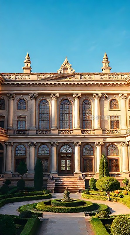 阳光下的宏伟宫殿与精致花园
