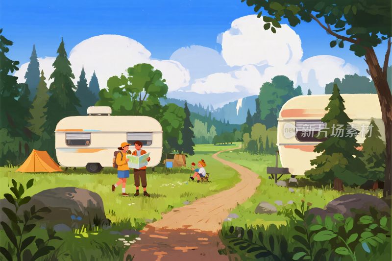 森林中的露营场景插画