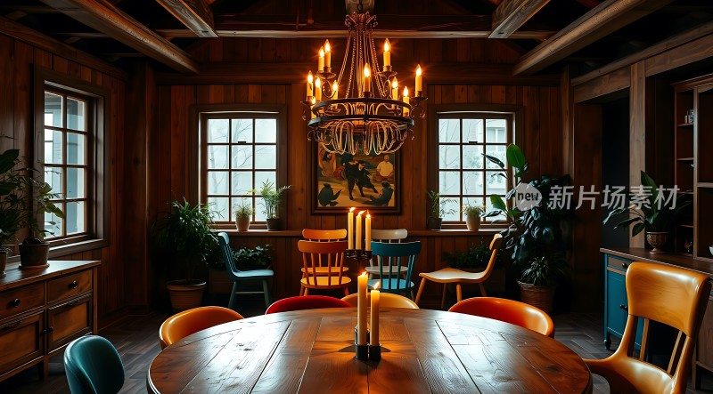 温馨木屋餐厅彩色椅子与蜡烛营造浪漫氛围