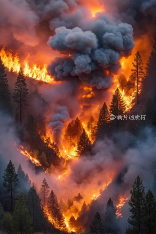 山上森林火灾产生的火焰和烟雾滚滚而来风景