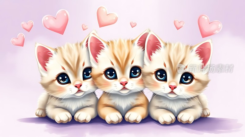 三只可爱小猫头顶粉色爱心温馨画面