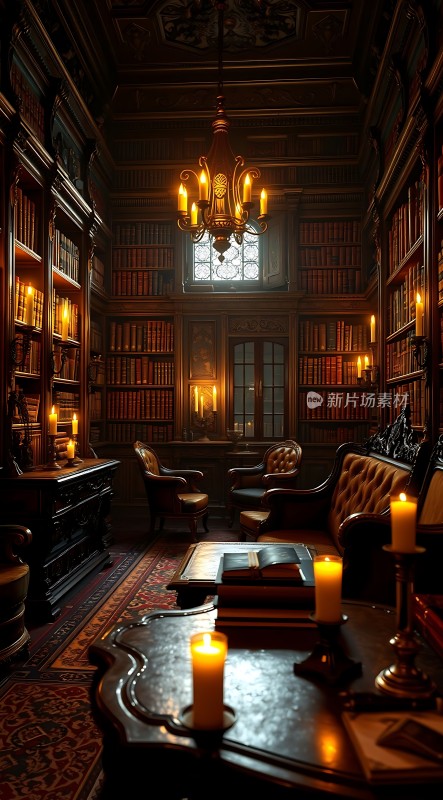 古色古香书房书架、蜡烛和吊灯营造温馨氛围