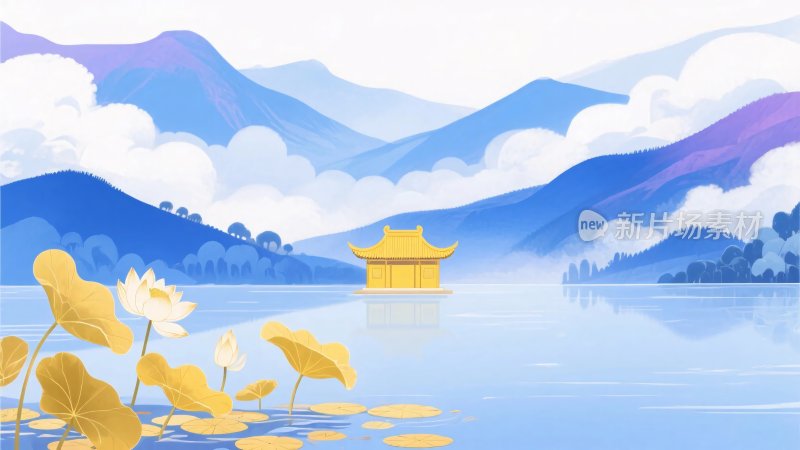 山水古楼荷塘风景插画