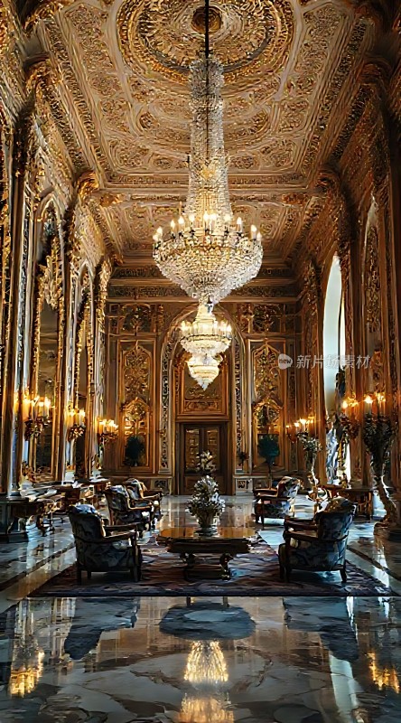 金色大厅华丽吊灯与精美装饰尽显奢华