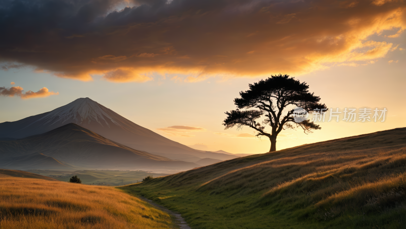 山脉草山上一棵孤树高清图片