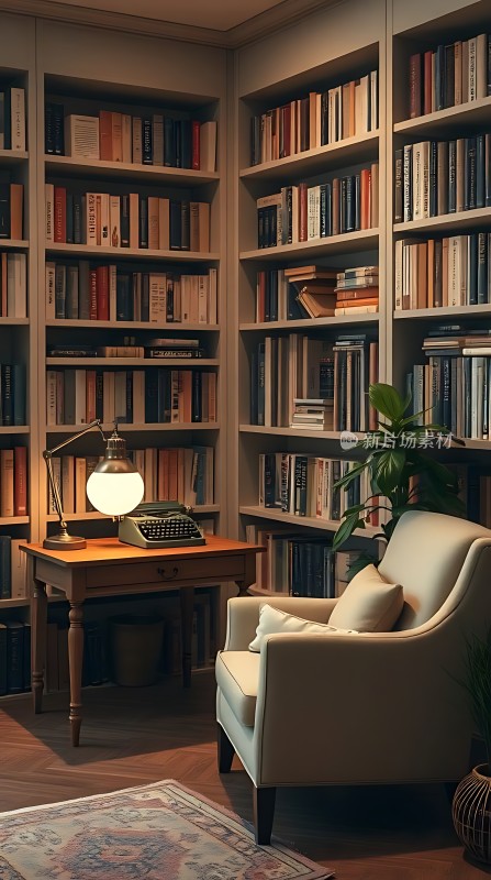 书房一角书架、桌椅与灯光营造温馨氛围