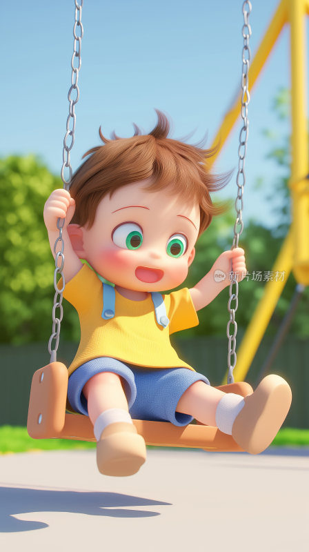 儿童节，一个可爱的男孩儿在游乐园荡秋千