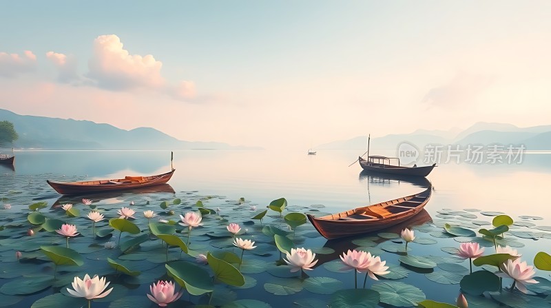 湖畔轻舟映荷花