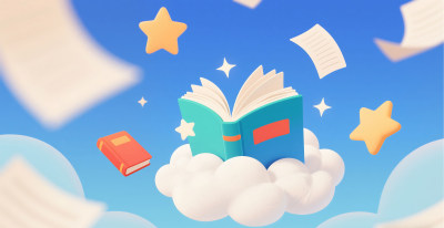 云朵上漂浮的书本插画