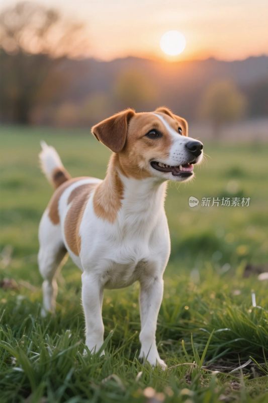 小狗在草地夕阳下