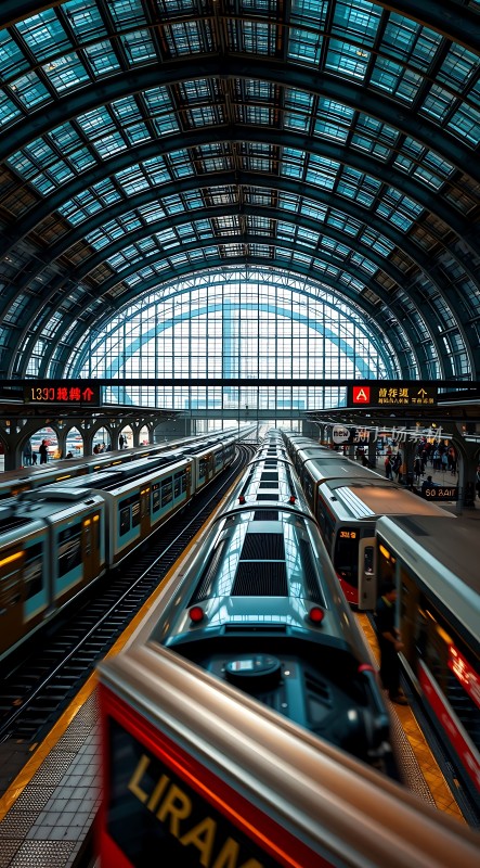 玻璃穹顶下的繁忙火车站台