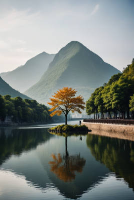 湖中央长树高清风景图片