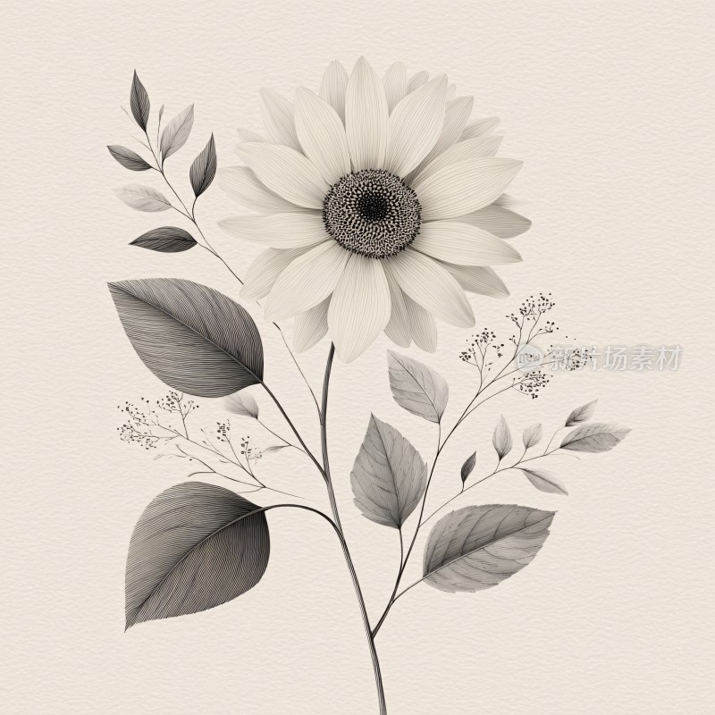 黑白风格向日葵插画