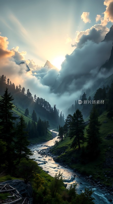 晨光中的山间溪流