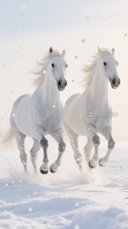 雪地中奔腾的两匹白马