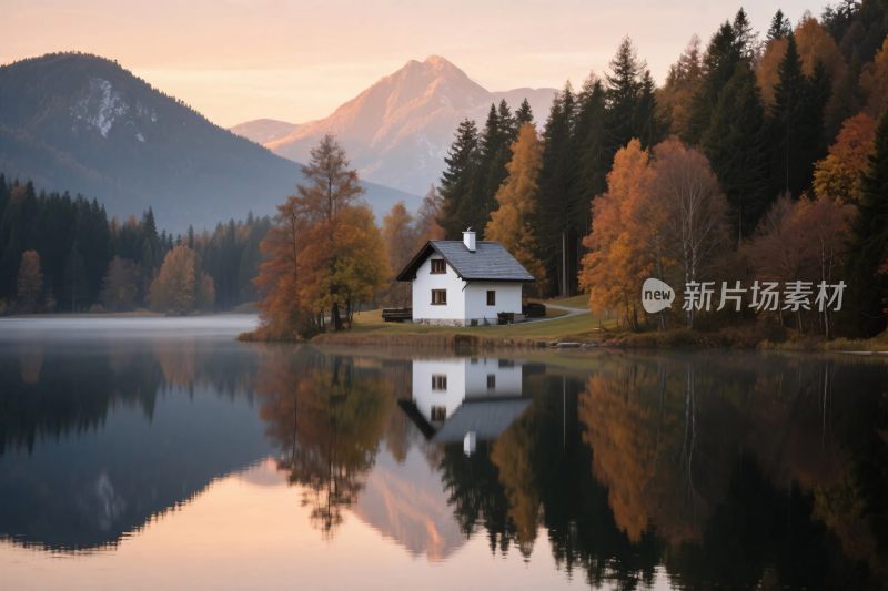 湖畔小屋山水风光