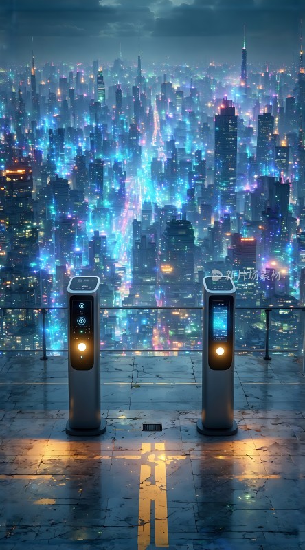 未来都市夜景下的智能闸机
