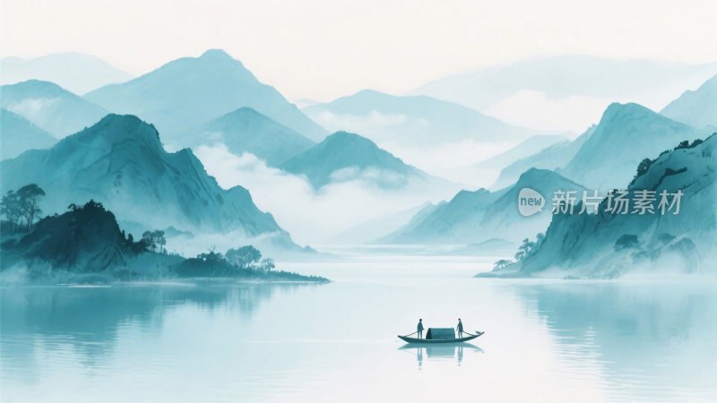 山水水墨小船风景