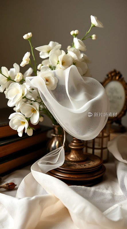 白色花朵与轻纱交织的艺术之美