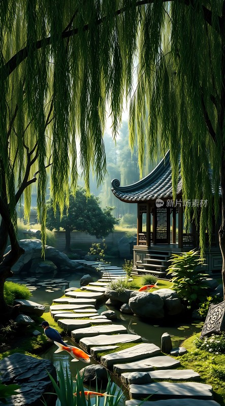 古亭垂柳小径鱼戏