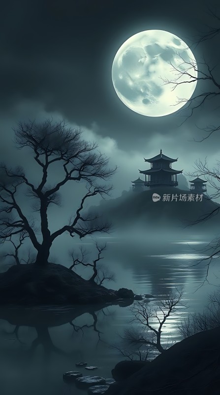 月下古亭静卧湖畔孤树倒影迷雾中