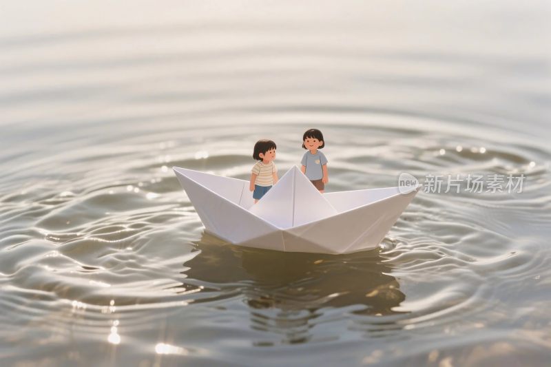 两个小孩纸船戏水