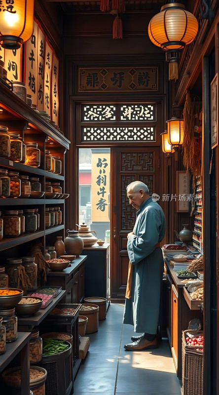 古风药铺里的老人