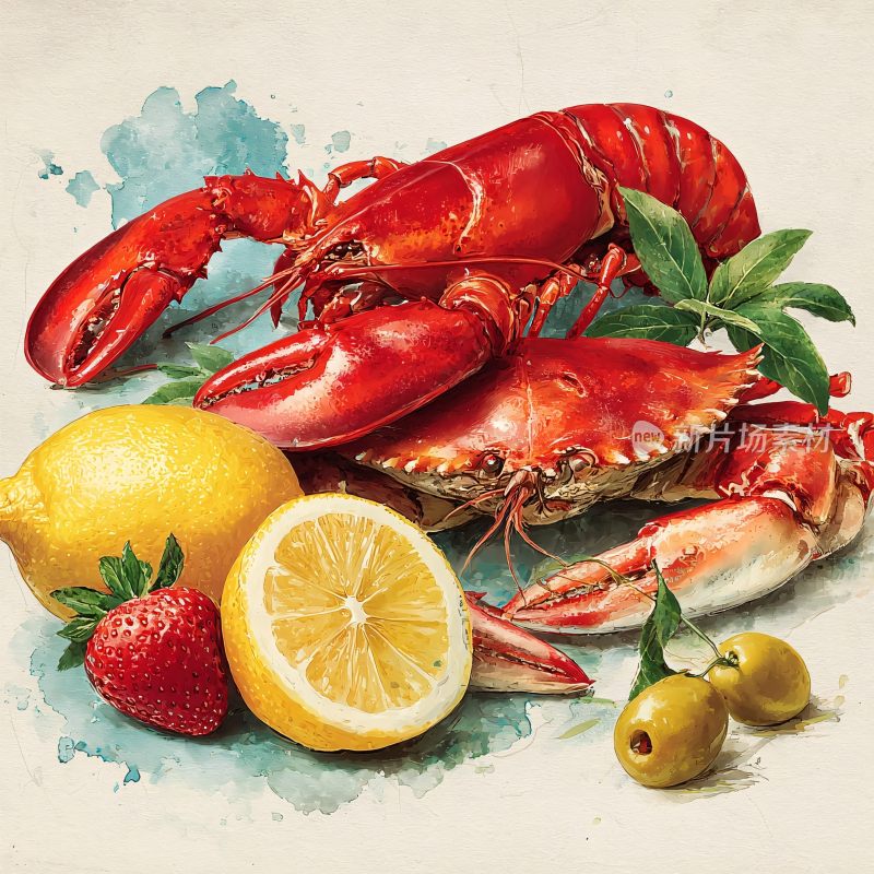 水彩绘海鲜与水果组合图