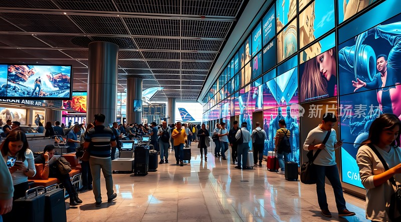 繁忙机场候机厅旅客们等待登机