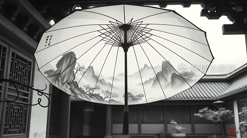 古风油纸伞下的静谧庭院