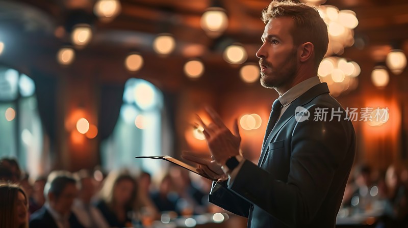 商务男士在会议中发表演讲