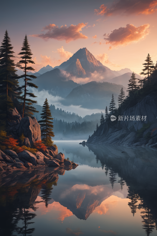 一座山前景是湖泊和树木高清风景插图片