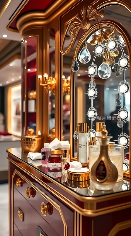 豪华梳妆台上的精致化妆品展示