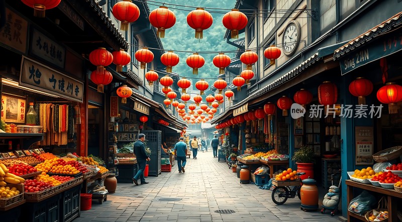 古街市集红灯笼下热闹非凡